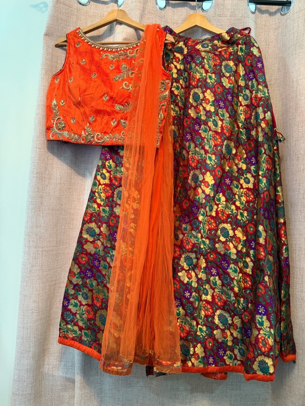 Embroidered Orange Crop Top with Floral Brocade Lehenga & Orange Dupatta
